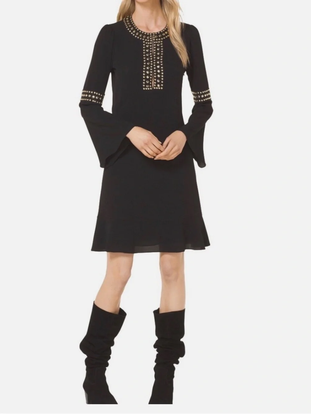 MICHAEL KORS NEW Women's Black Studded Bell-sleeve Crepe A-Line Dress XS